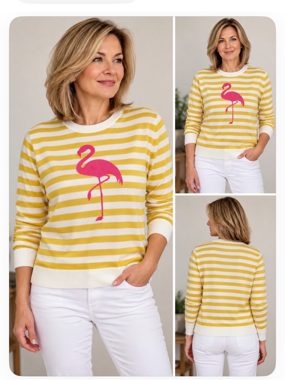 Women's Yellow & White Striped Crewneck Sweater with Pink Flamingo